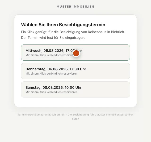 Öffentliche Buchungsseite: Interessent wählt einen Besichtigungstermin mit einem Klick