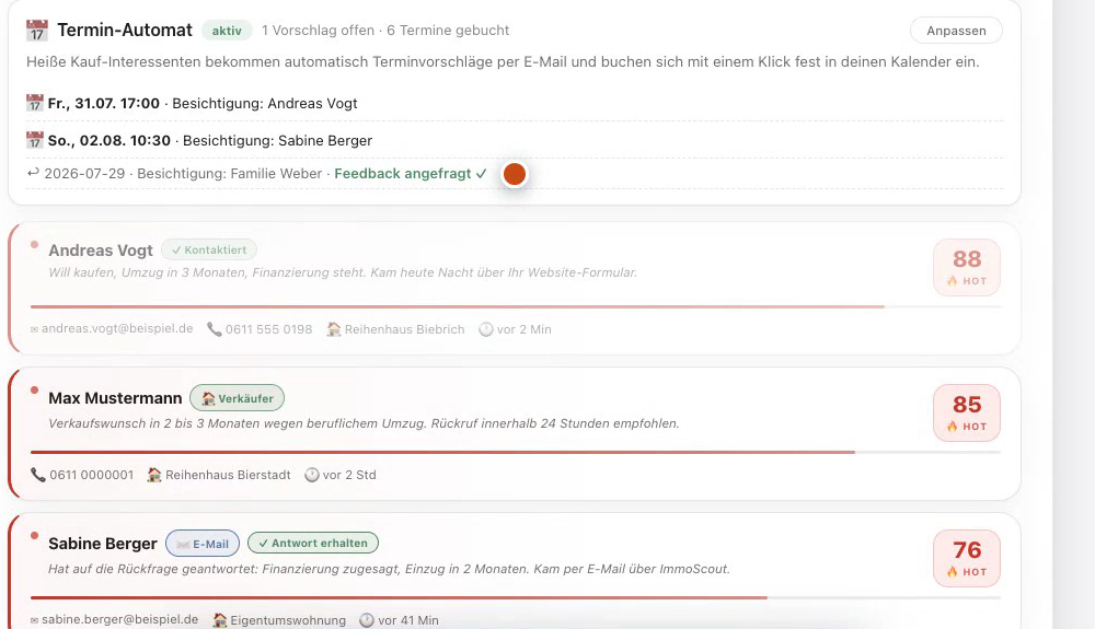 Nach der Besichtigung wird automatisch Feedback angefragt, die Antwort landet sortiert im Cockpit