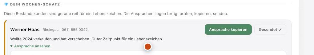 Wöchentliche Kunden-Ansprache: fertiger Text für einen früheren Kunden, ein Klick zum Kopieren